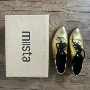 Miista Metallic Gold Lace-Up Oxfords with Black Laces